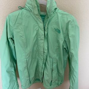Mint green north face rain jacket